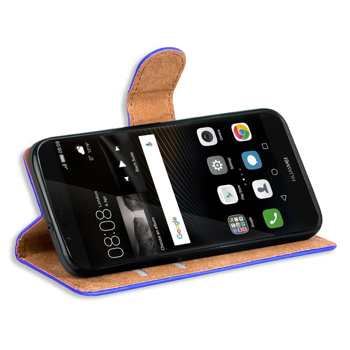 Huawei P9 in blauer Kunstleder-Klapphülle, von vorne/leicht schräg.