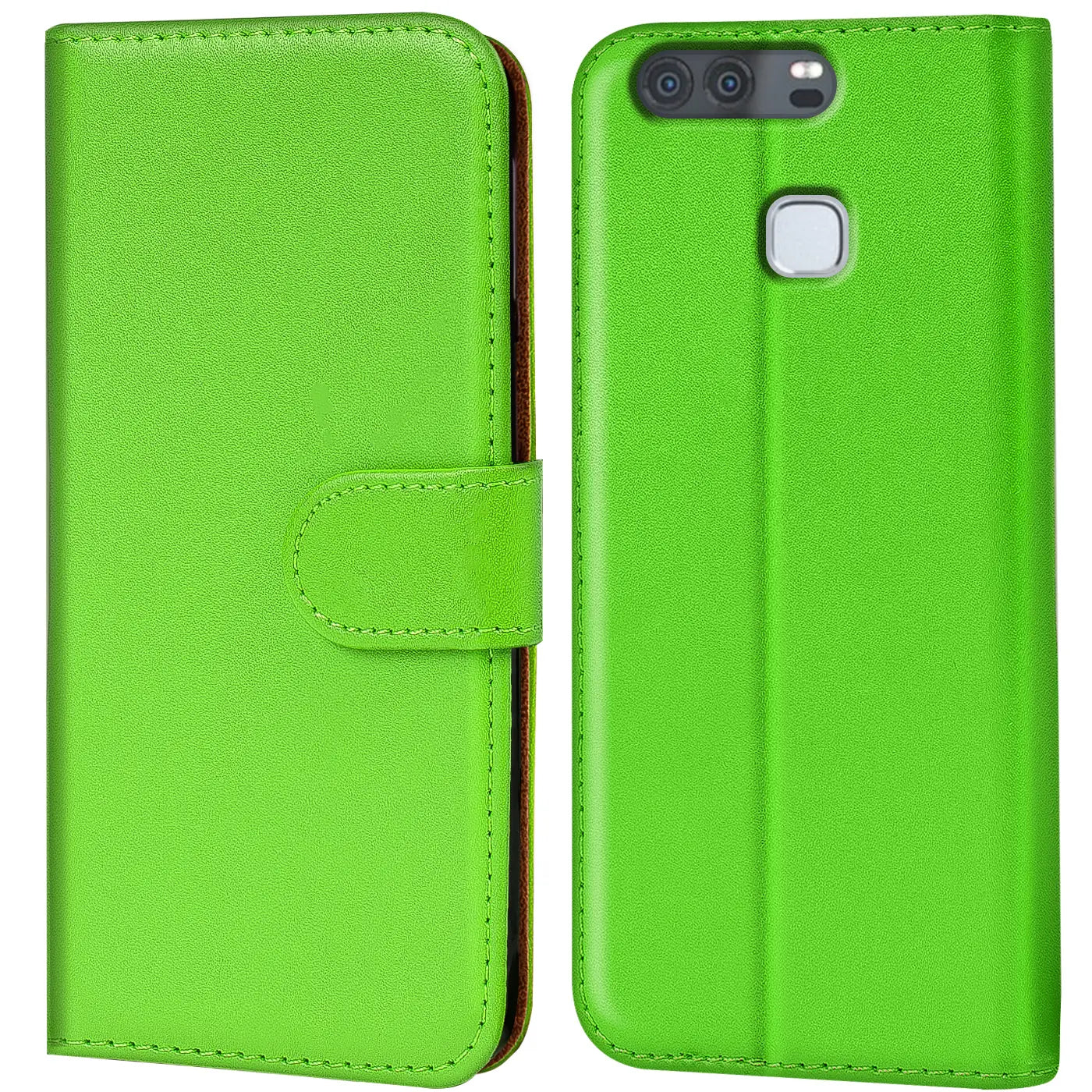 Grüne Leder-Klapphülle mit Kartenfächern, Vorder- und Rückansicht, Huawei P9.