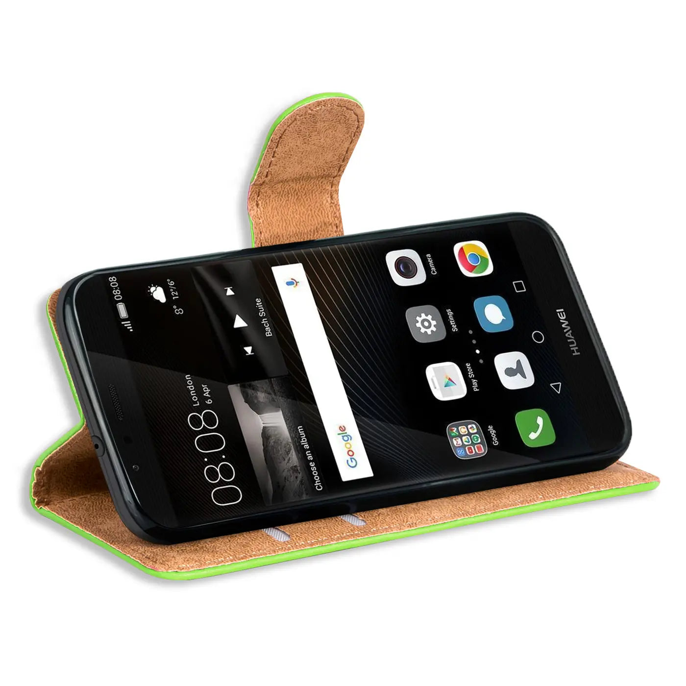 Grüne Klapphülle aus Leder mit Kartenfächern, Huawei P9 von vorne schräg