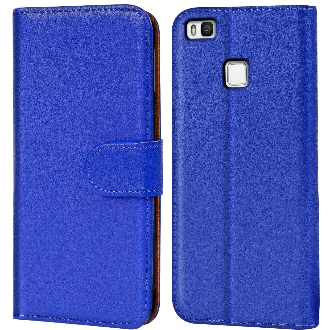Blaue Kunstleder-Klapphülle mit Kartenfächern, Vorder- und Rückansicht, für Huawei P9 Lite.