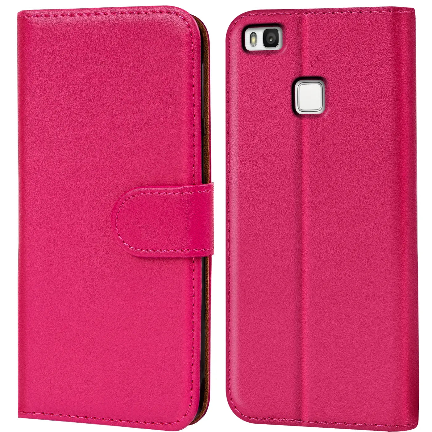Pink Kunstleder-Klapphülle mit Kartenfächern für Huawei P9 Lite, Vorder- und Rückansicht.