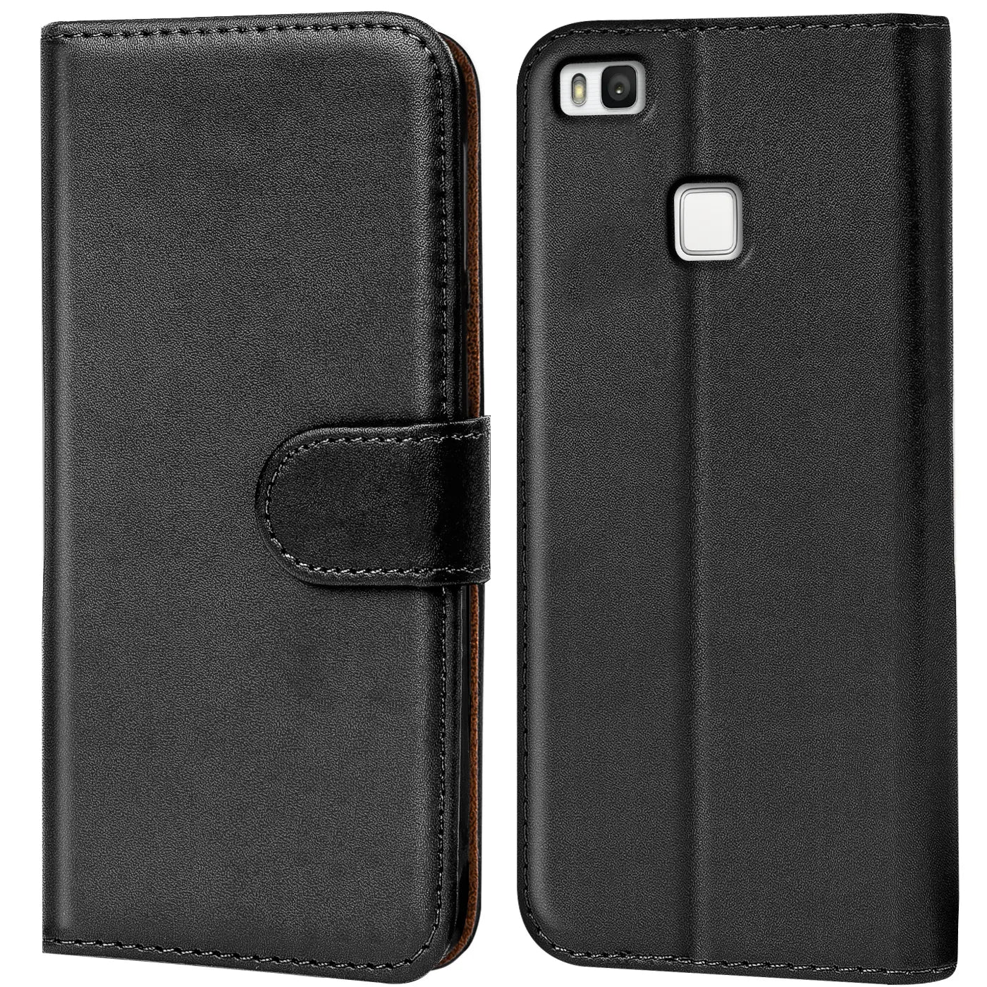 Schwarze Leder-Klapphülle mit Kartenfächern, Vorder- und Rückansicht, Huawei P9 Lite.
