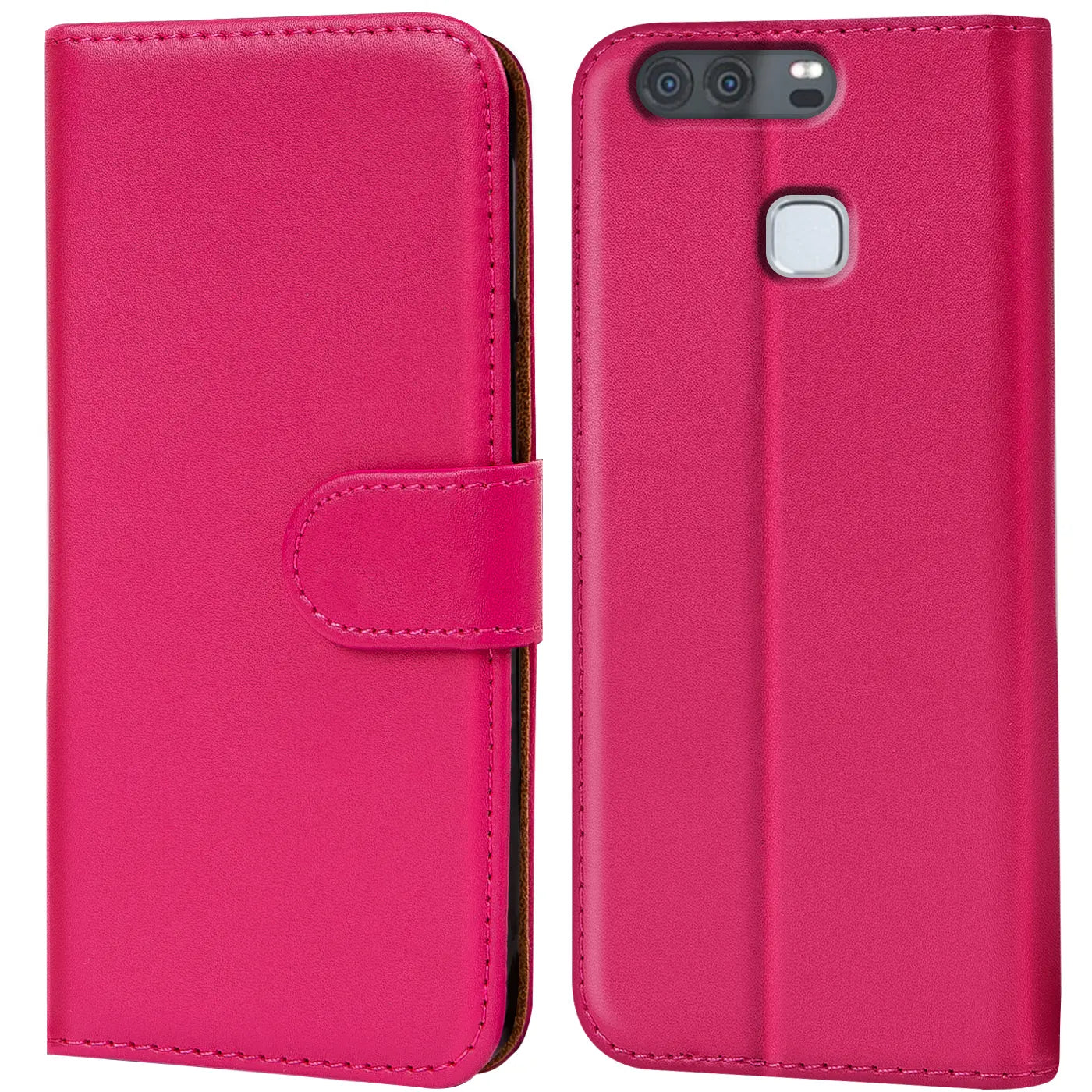 Pink Kunstleder-Klapphülle mit Kartenfächern für Huawei P9, Vorder- und Rückansicht.