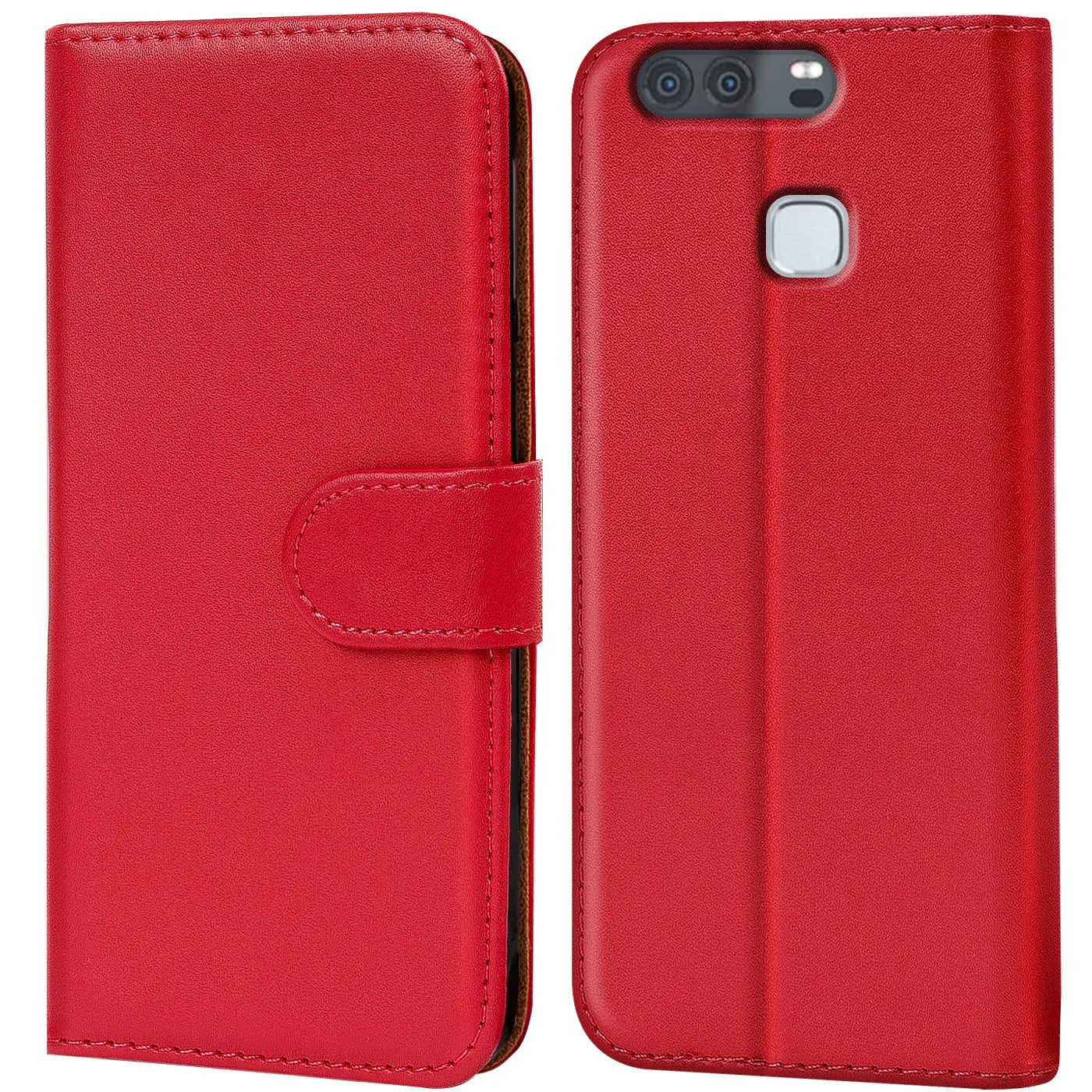 Rote Leder-Klapphülle für Huawei P9, Vorder- und Rückansicht.