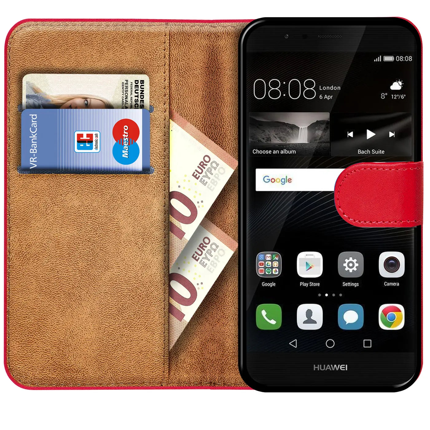 Rote Klapphülle aus Leder mit Kartenfächern und Huawei P9 Smartphone, von vorne
