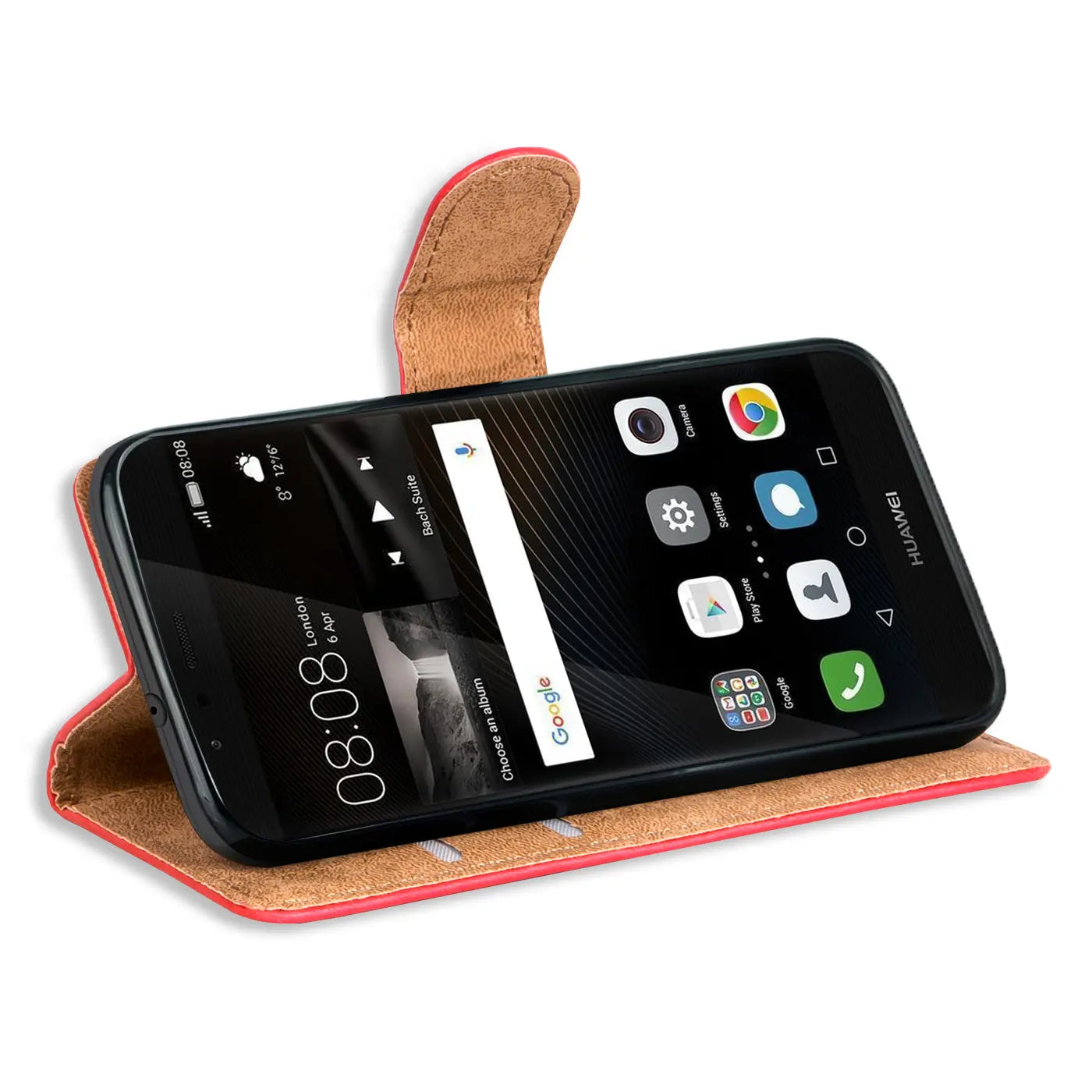 Rote Klapphülle aus Leder mit Kartenfächern, Huawei P9 von schräg oben.