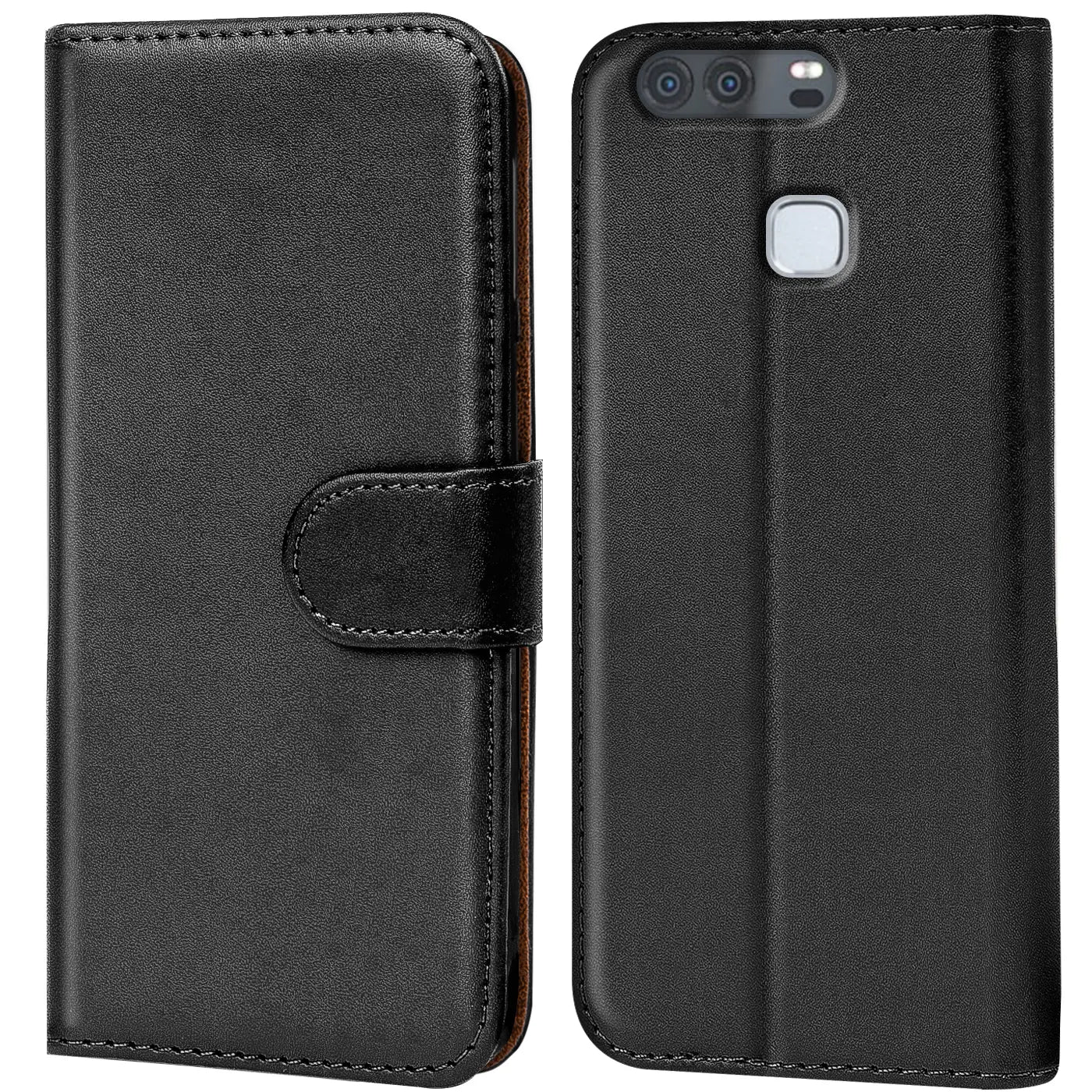 Schwarze Leder-Klapphülle mit Kartenfächern, Vorder- und Rückansicht, Huawei P9.