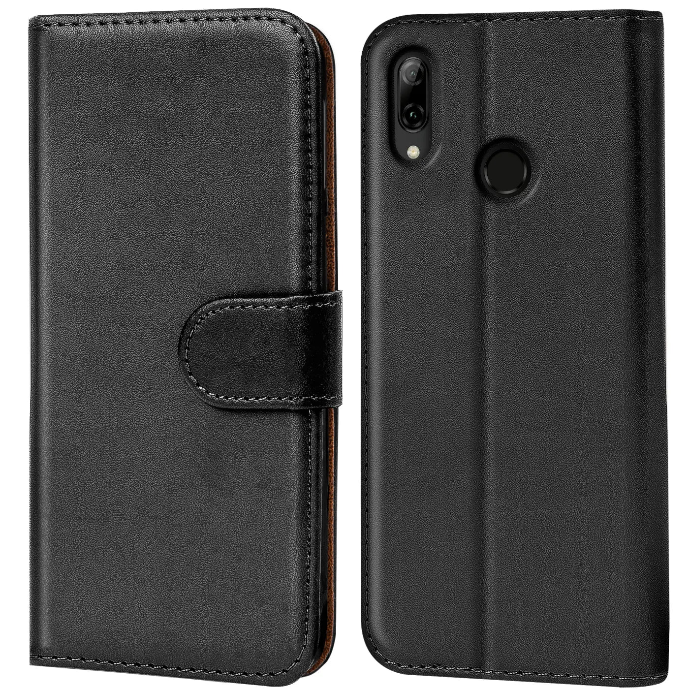 Schwarze Leder-Klapphülle mit Kartenfächern, Vorder- und Rückansicht, Huawei P Smart 2019