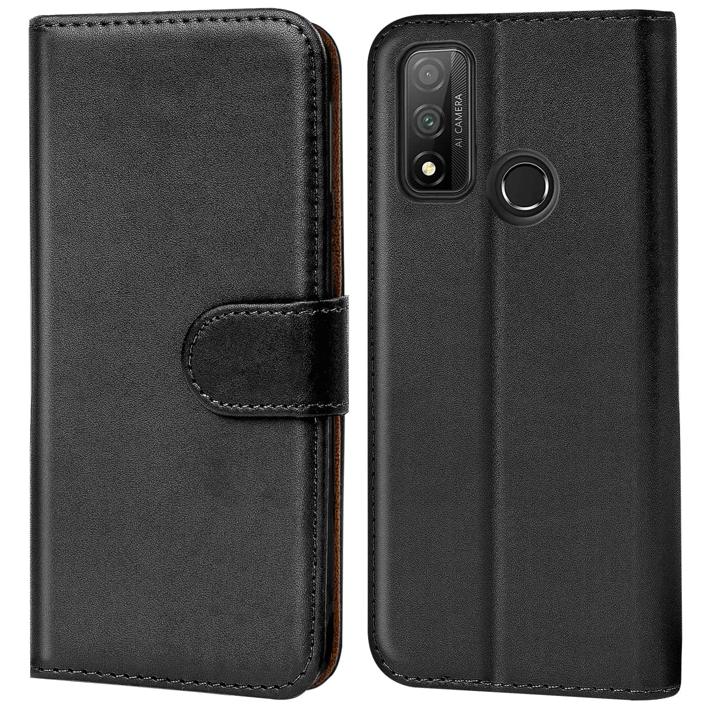 Schwarze Leder-Klapphülle mit Kartenfächern, Vorder- und Rückansicht, für Huawei P Smart 2020.