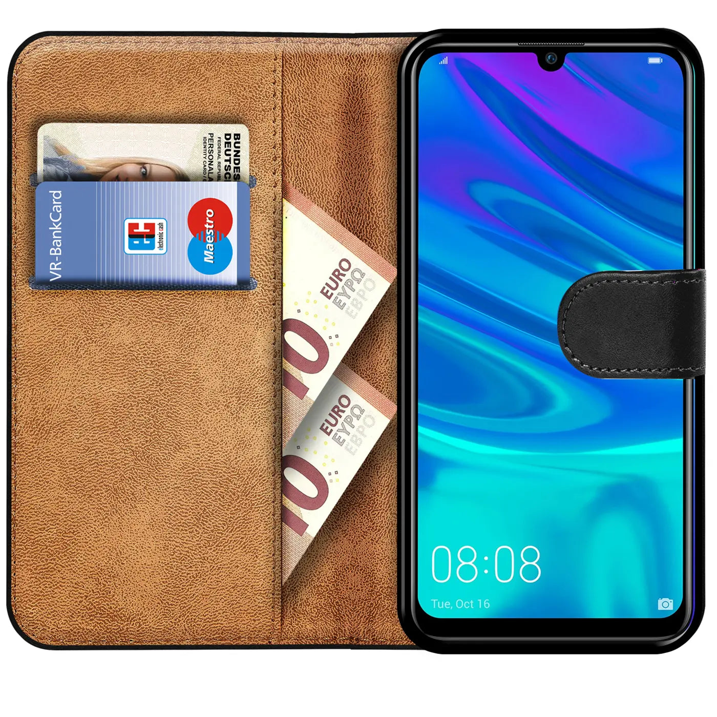 Braune Kunstleder-Klapphülle mit Kartenfächern, zeigt Huawei P Smart 2020.