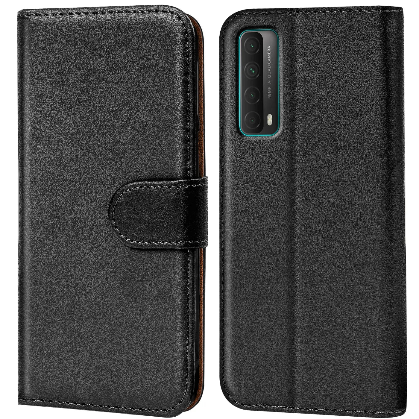 Schwarze Leder-Klapphülle mit Kartenfächern, zeigt Rückseite eines Huawei P Smart 2021.