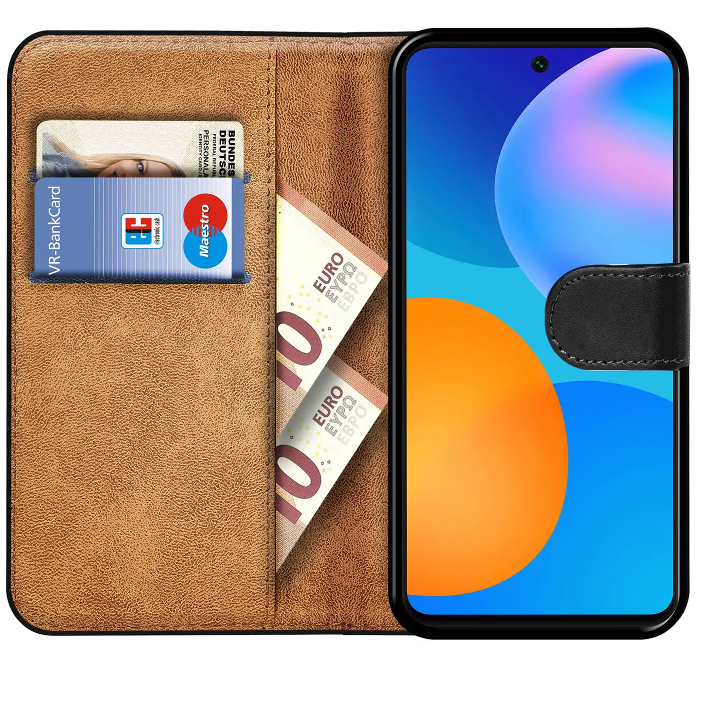 Braune Leder-Klapphülle mit Kartenfächern und Geldscheinfach, zeigt Huawei P Smart 2021.