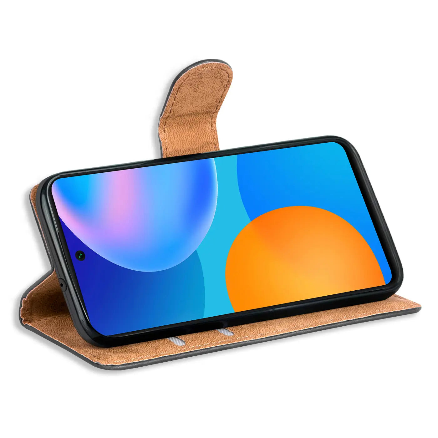 Braun Kunstleder Klapphülle mit Kartenfächern für Huawei P Smart 2021, Seitenansicht.