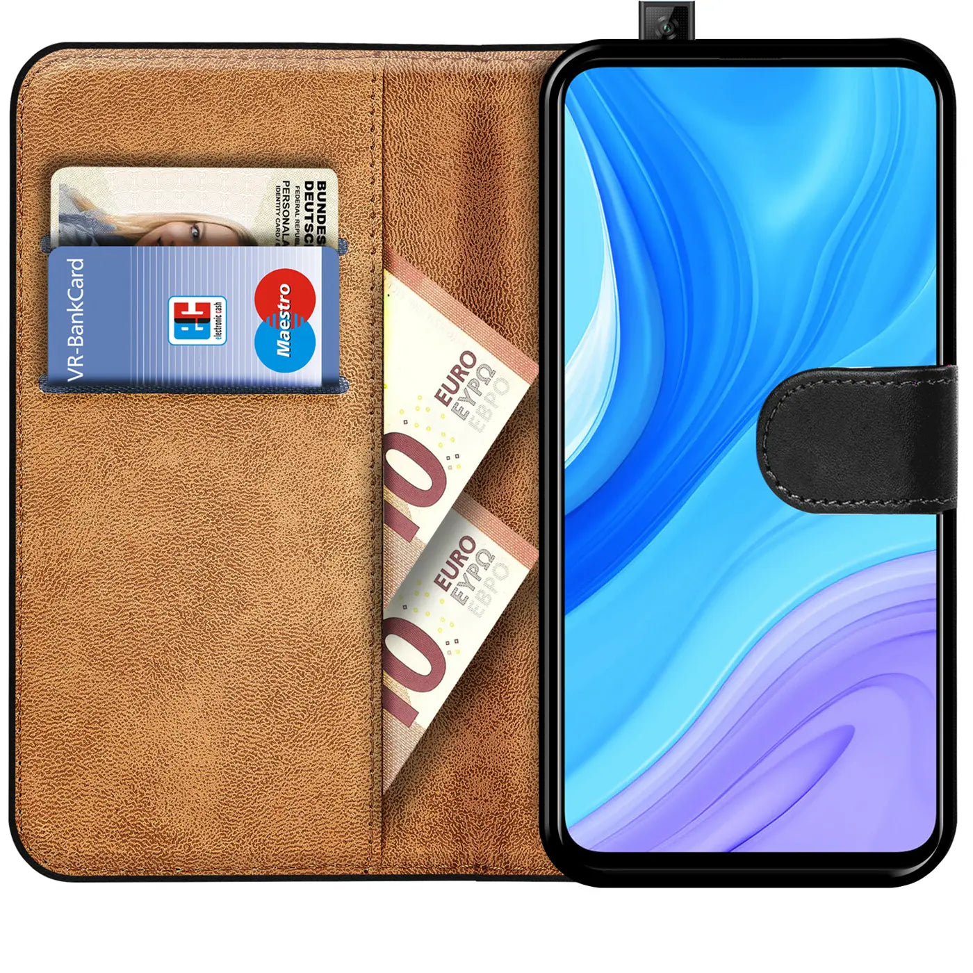 Braun Kunstleder Klapphülle mit Kartenfächern, Huawei P Smart Pro, von vorne