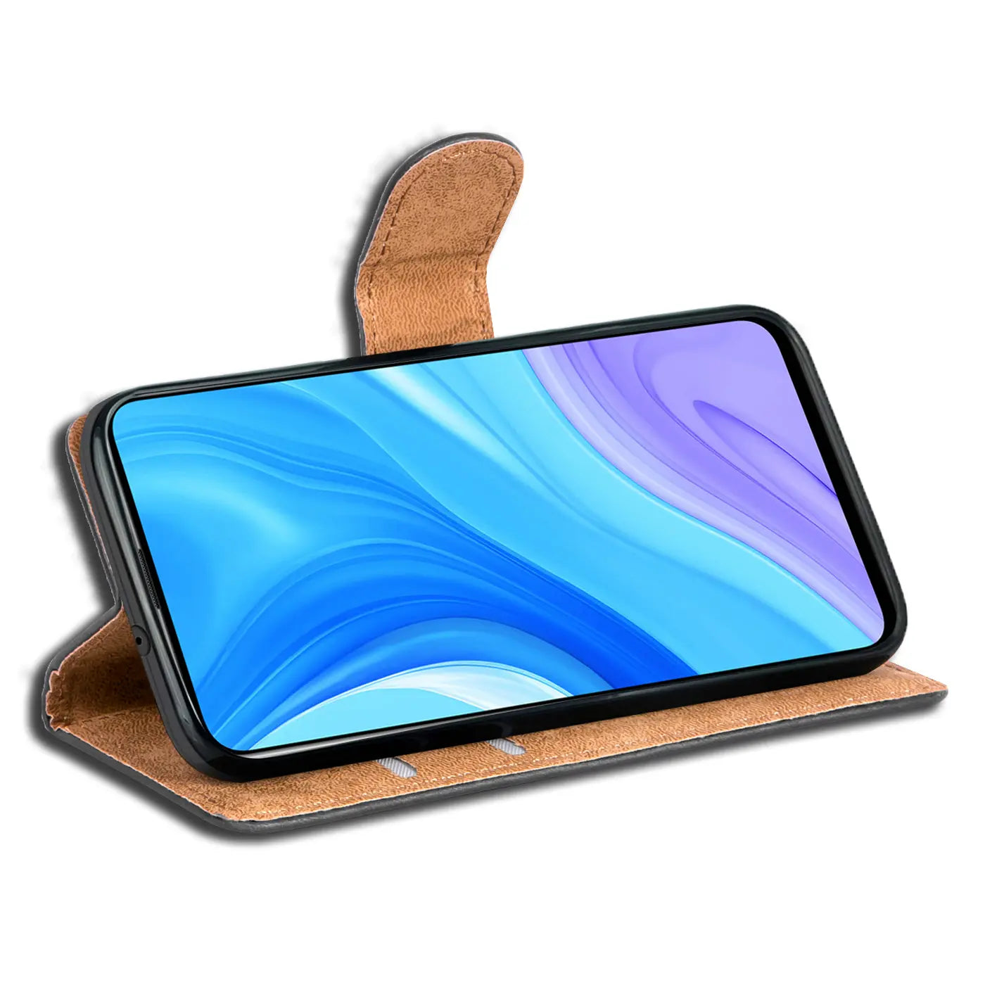 Braune Leder-Klapphülle mit Kartenfächern, zeigt Huawei P Smart Pro, von vorne