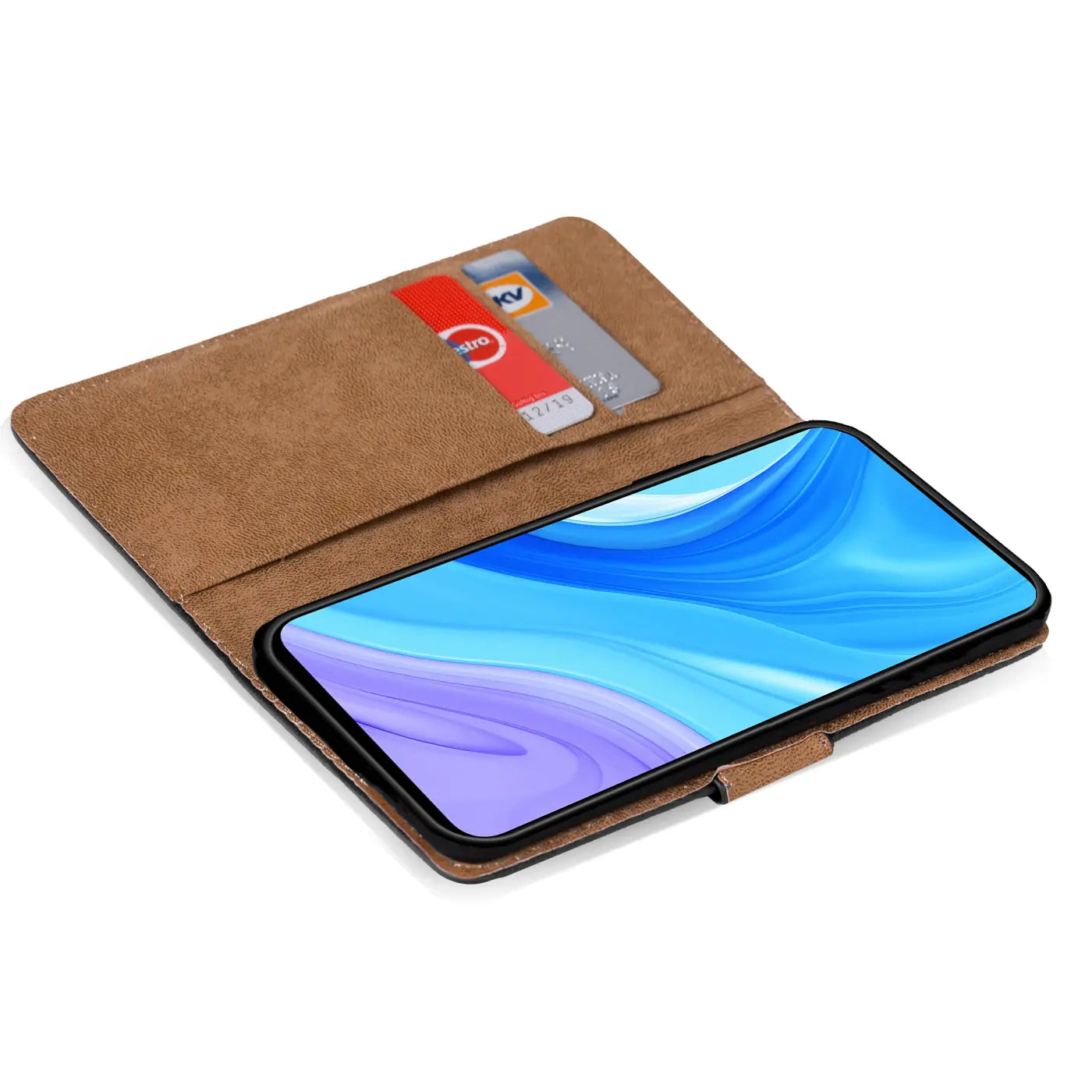 Braune Klapphülle aus Leder mit Kartenfächern, zeigt Huawei P Smart Pro/Honor 9X Pro.