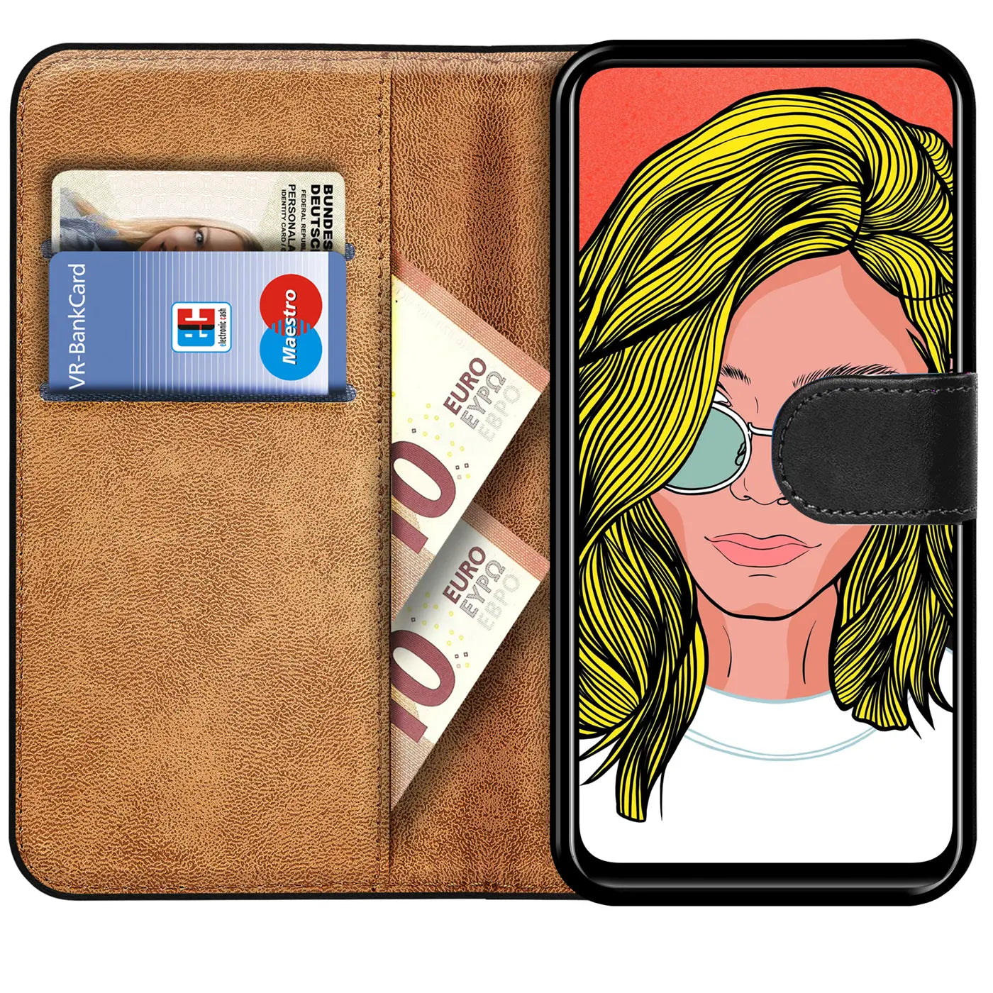 Braune Kunstleder-Klapphülle mit Kartenfächern, zeigt Handy mit Comic-Porträt.