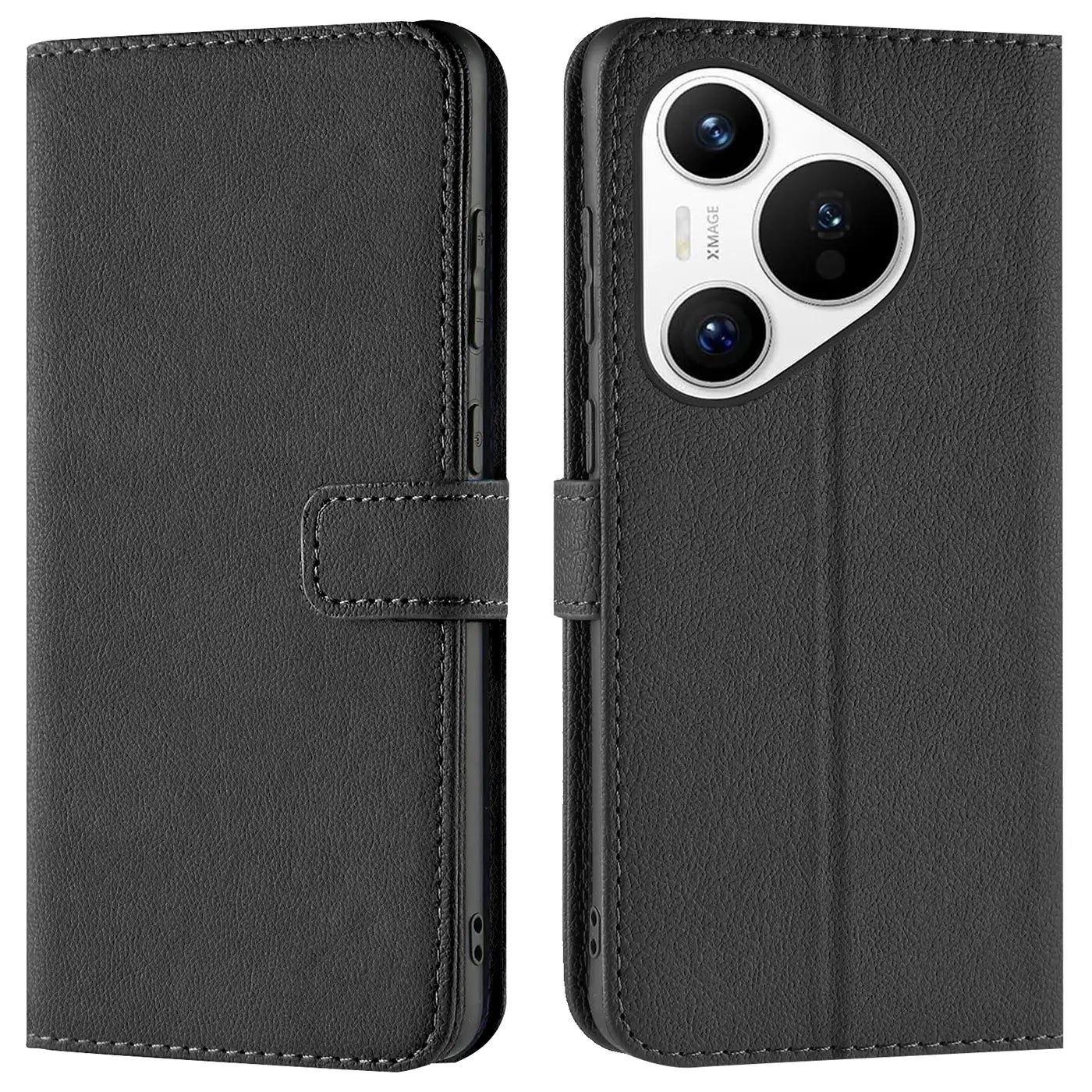 Schwarze Leder-Klapphülle mit Kartenfächern, Vorder- und Rückansicht, für Huawei Pura 70 Pro.