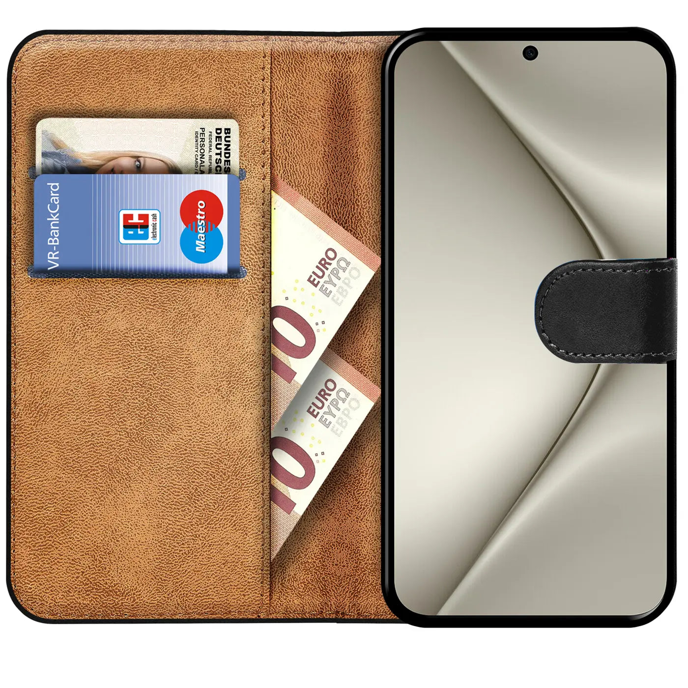 Braune Kunstleder-Klapphülle mit Kartenfächern, zeigt Huawei Pura 70, von vorne