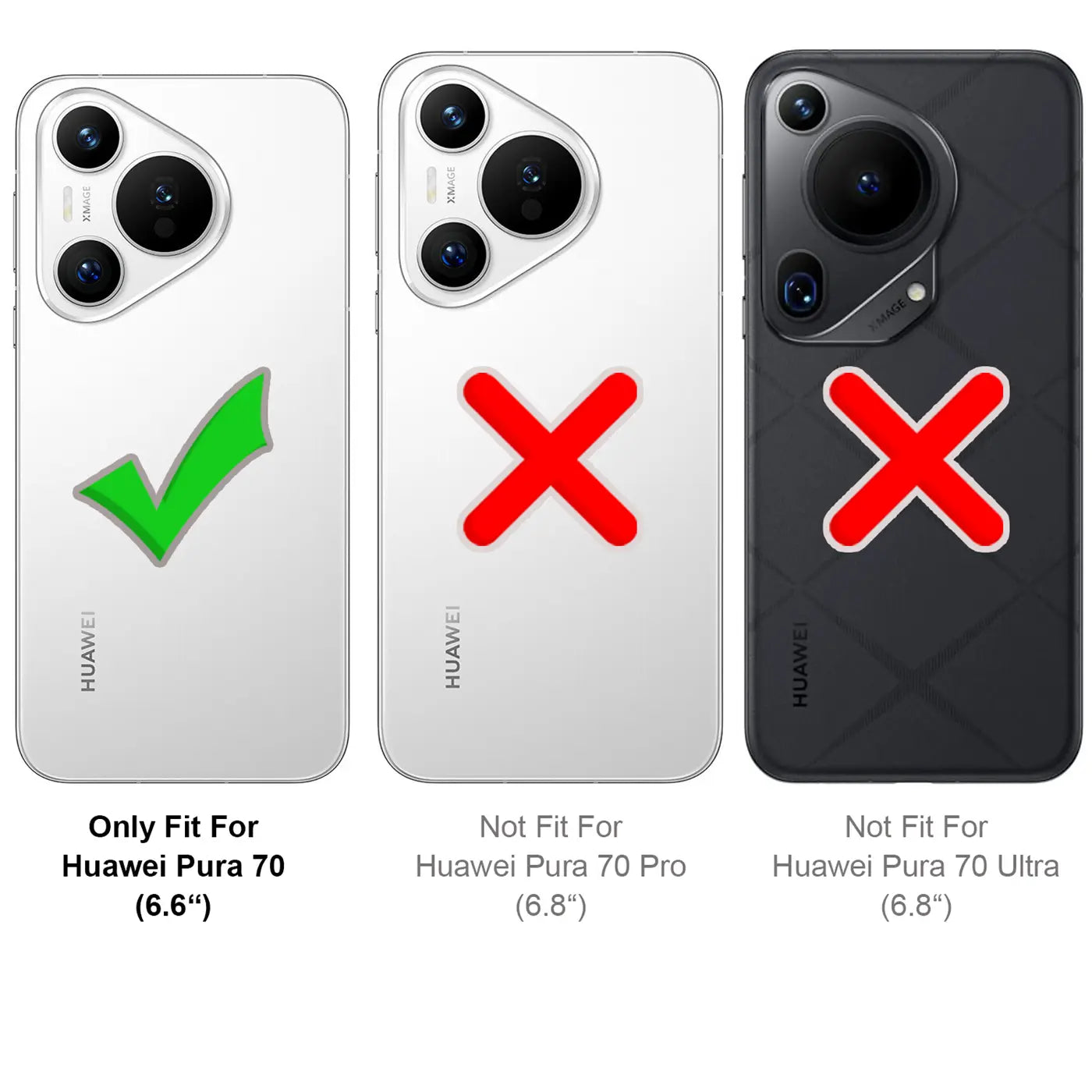 Drei Huawei Pura 70 Rückseiten: weiß mit Haken, weiß mit Kreuz, schwarz mit Kreuz.
