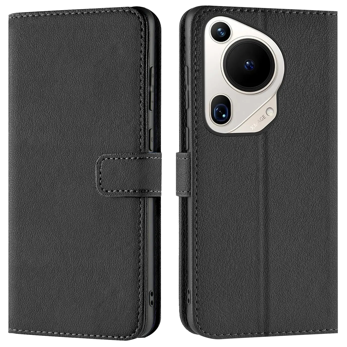 Schwarze Leder-Klapphülle mit Kartenfächern für Huawei Pura 70 Ultra, Vorder- und Rückansicht.