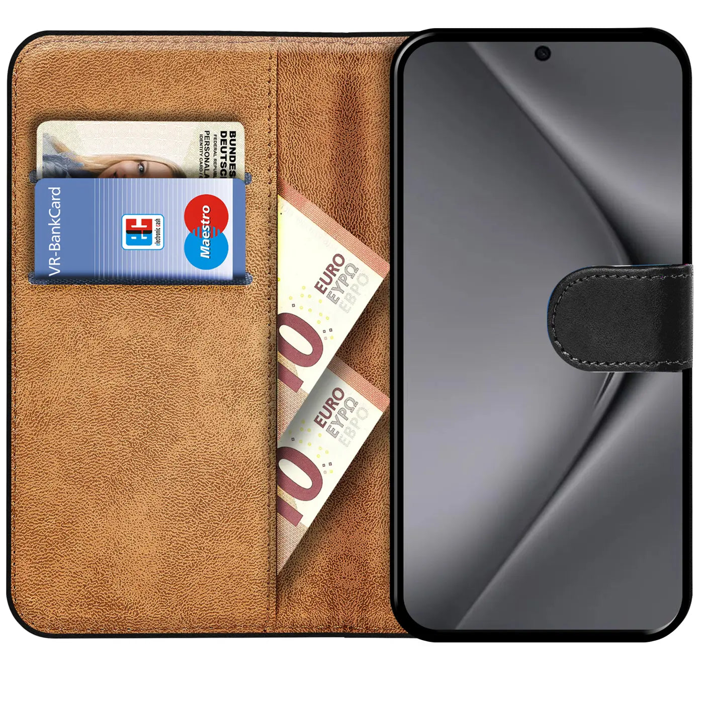 Braune Leder-Klapphülle mit Kartenfächern und Geldscheinfach, zeigt Huawei Pura 70 Ultra.