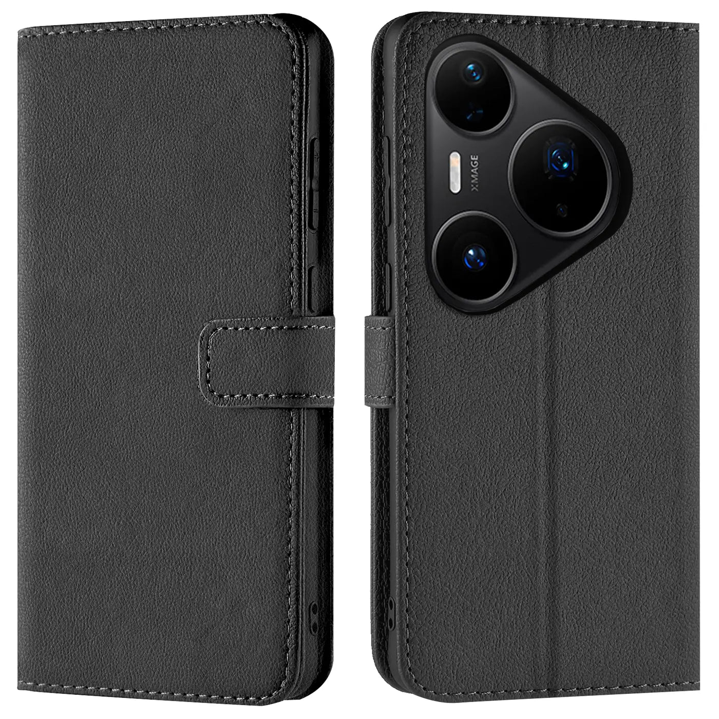 Schwarze Leder-Klapphülle mit Kartenfächern, Vorder- und Rückansicht, Huawei Pura 80 Pro.