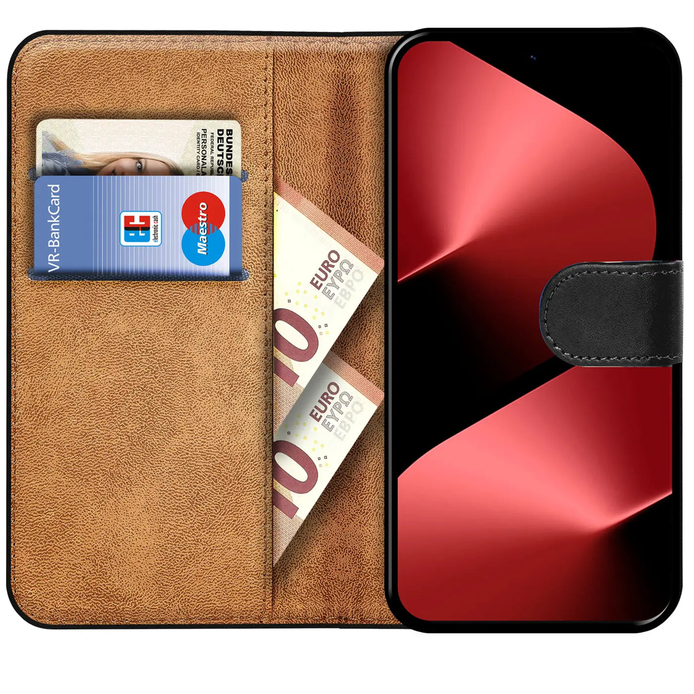 Braune Kunstleder-Klapphülle mit Kartenfächern, zeigt VR-BankCard, Maestro, 10€-Scheine. Huawei Pura 80 Pro.