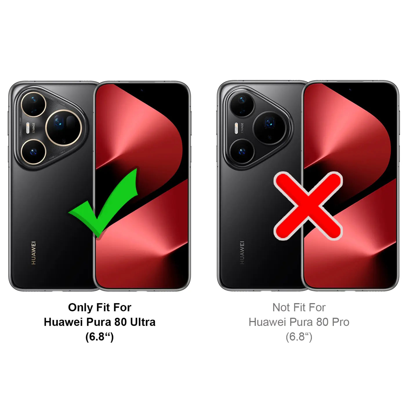 Zwei schwarze Huawei Pura 80 Ultra Handys, eins mit grünem Haken, eins mit rotem Kreuz.