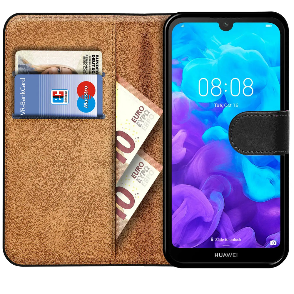 Braune Kunstleder-Klapphülle mit Kartenfächern und Huawei Y5 2019.