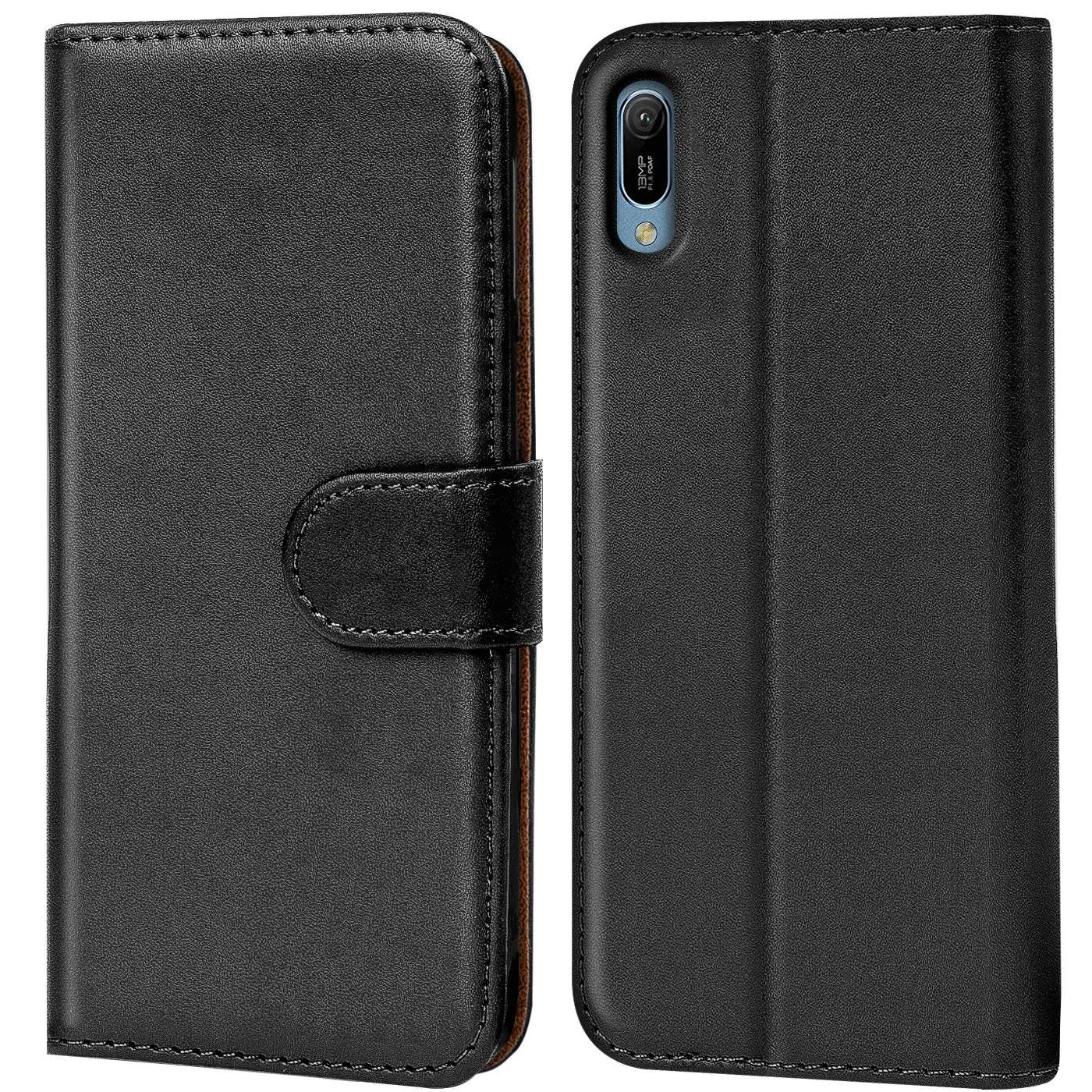 Schwarze Leder-Klapphülle mit Kartenfächern, Vorder- und Rückansicht, für Huawei Y6 2019.