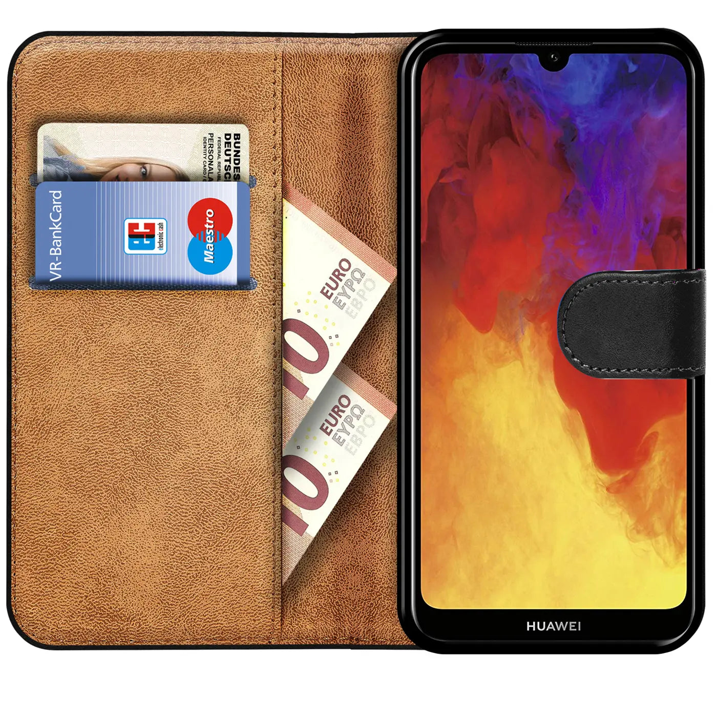 Braune Kunstleder-Klapphülle mit Kartenfächern und Geldscheinfach für Huawei Y6 2019.