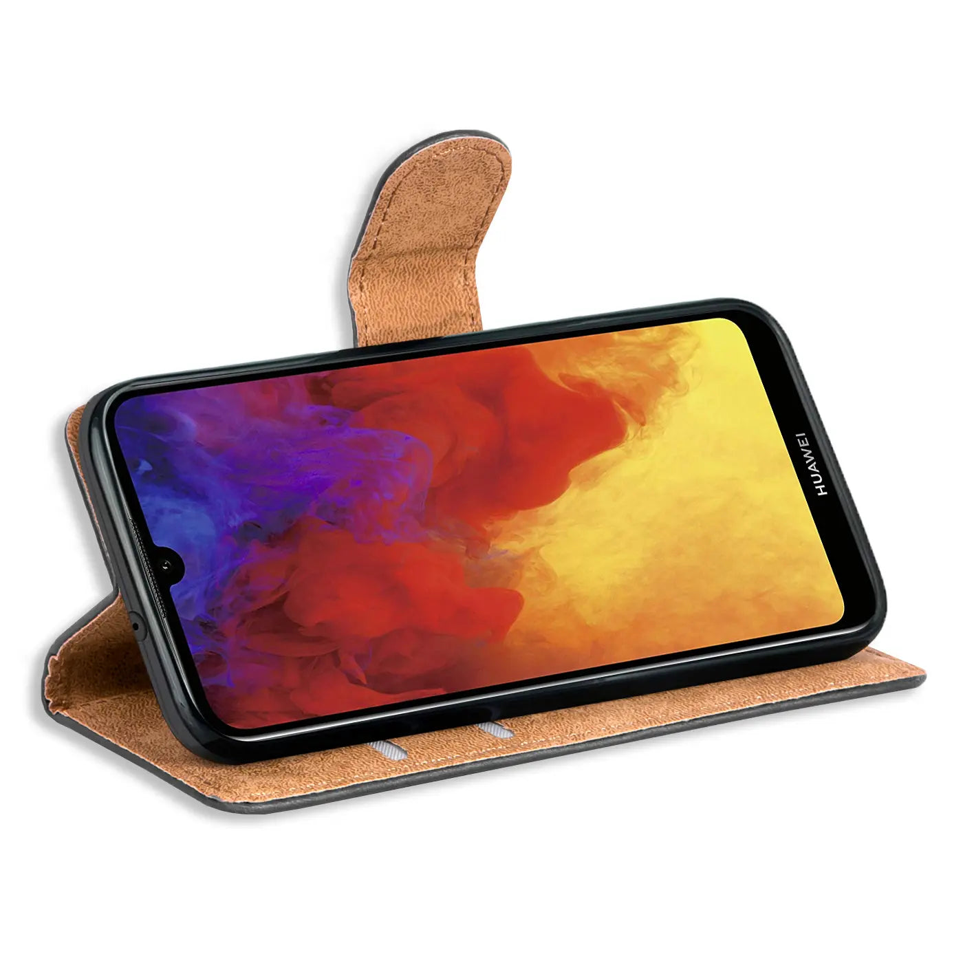 Braune Kunstleder-Klapphülle mit Kartenfächern, zeigt Huawei Y6 2019, von vorne.