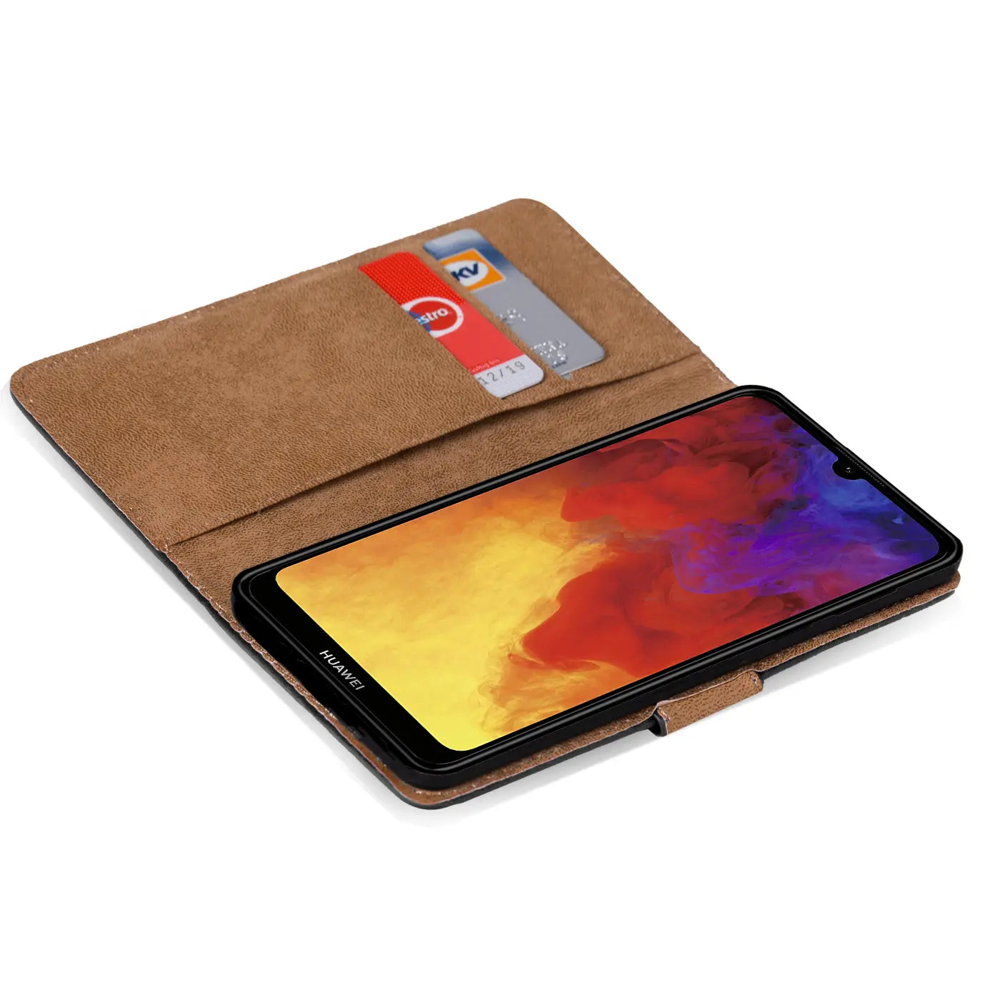 Braune Kunstleder-Klapphülle mit Kartenfächern für Huawei Y6 2019, von oben gesehen.