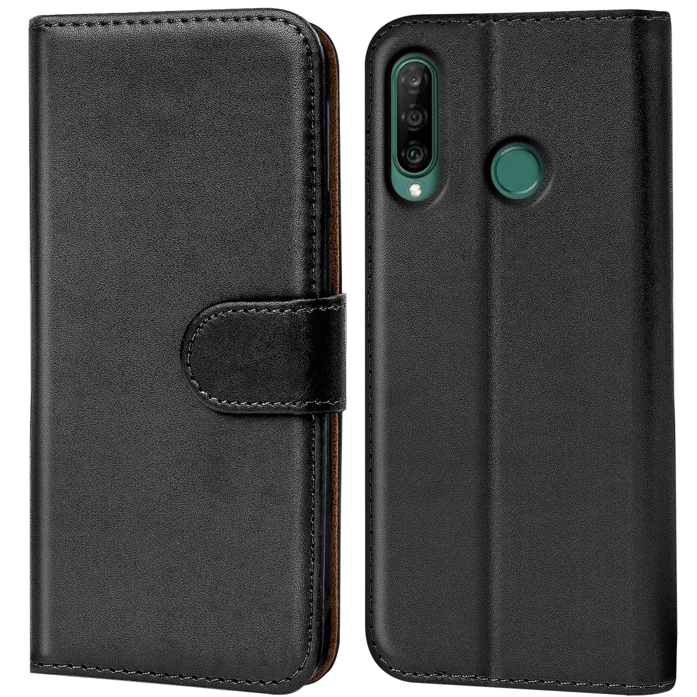 Schwarze Leder-Klapphülle mit Kartenfächern, Vorder- und Rückansicht, Huawei Y6P.