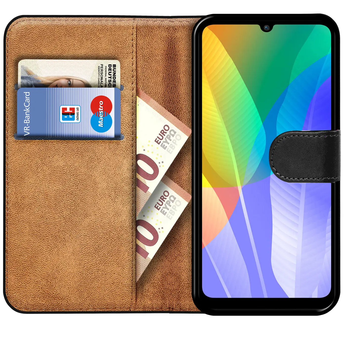 Braun Leder Klapphülle mit Kartenfächern, Huawei Y6P, von vorn