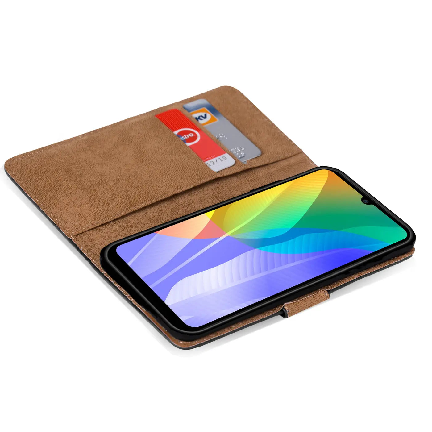 Braune Kunstleder-Klapphülle mit Kartenfächern für Huawei Y6P, von oben gesehen.