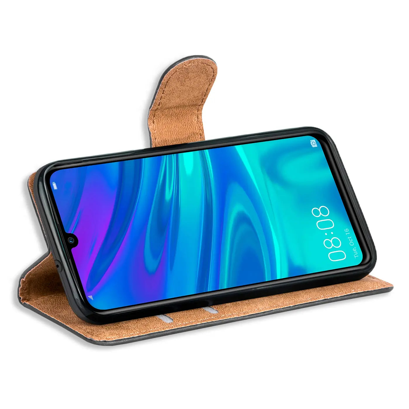 Braune Kunstleder-Klapphülle mit Huawei Y7 2019, von schräg vorne