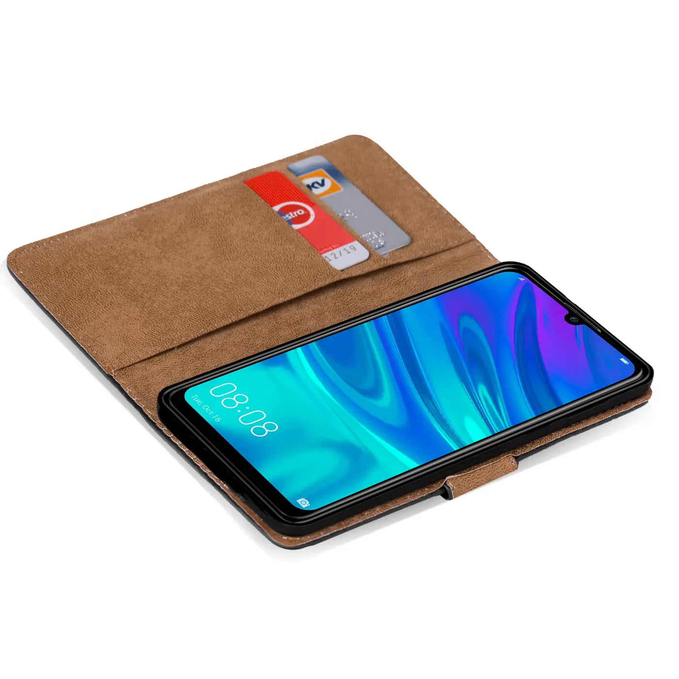 Braune Kunstleder-Klapphülle mit Kartenfächern für Huawei Y7 2019, von oben gesehen.