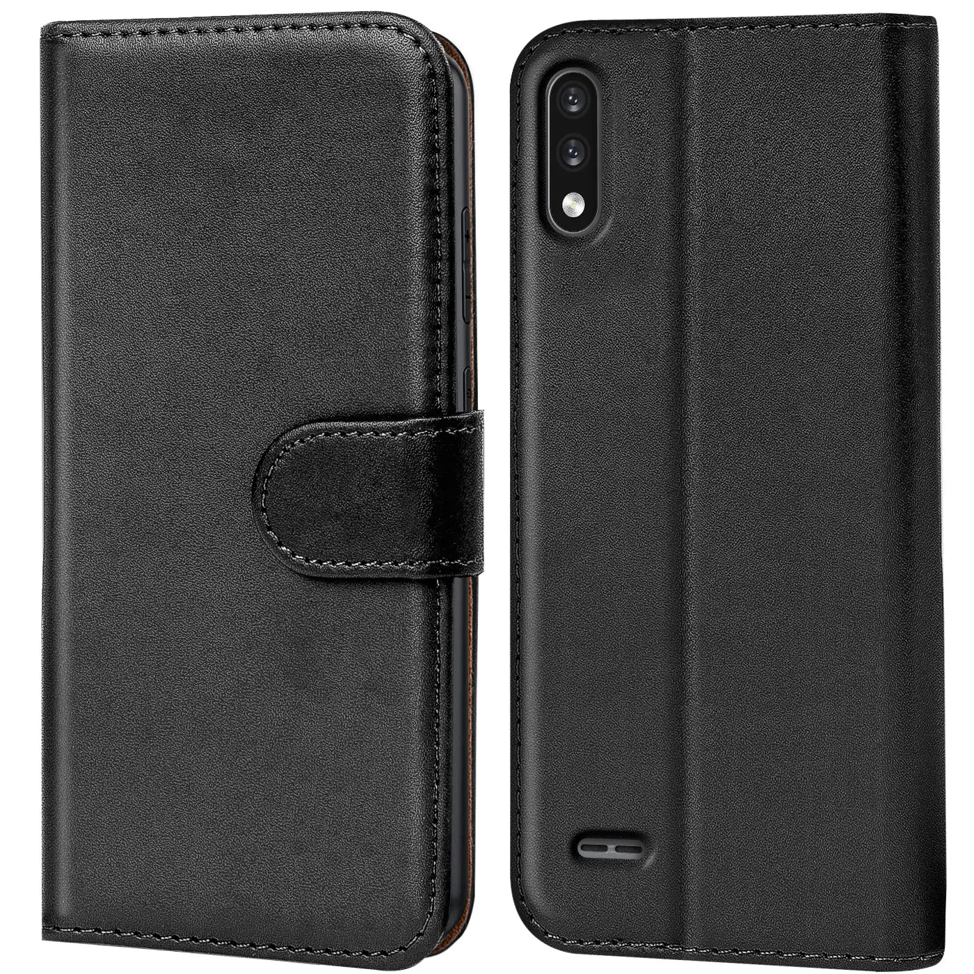 Schwarze Leder-Klapphülle mit Kartenfächern, Vorder- und Rückansicht, LG K22 erkennbar.