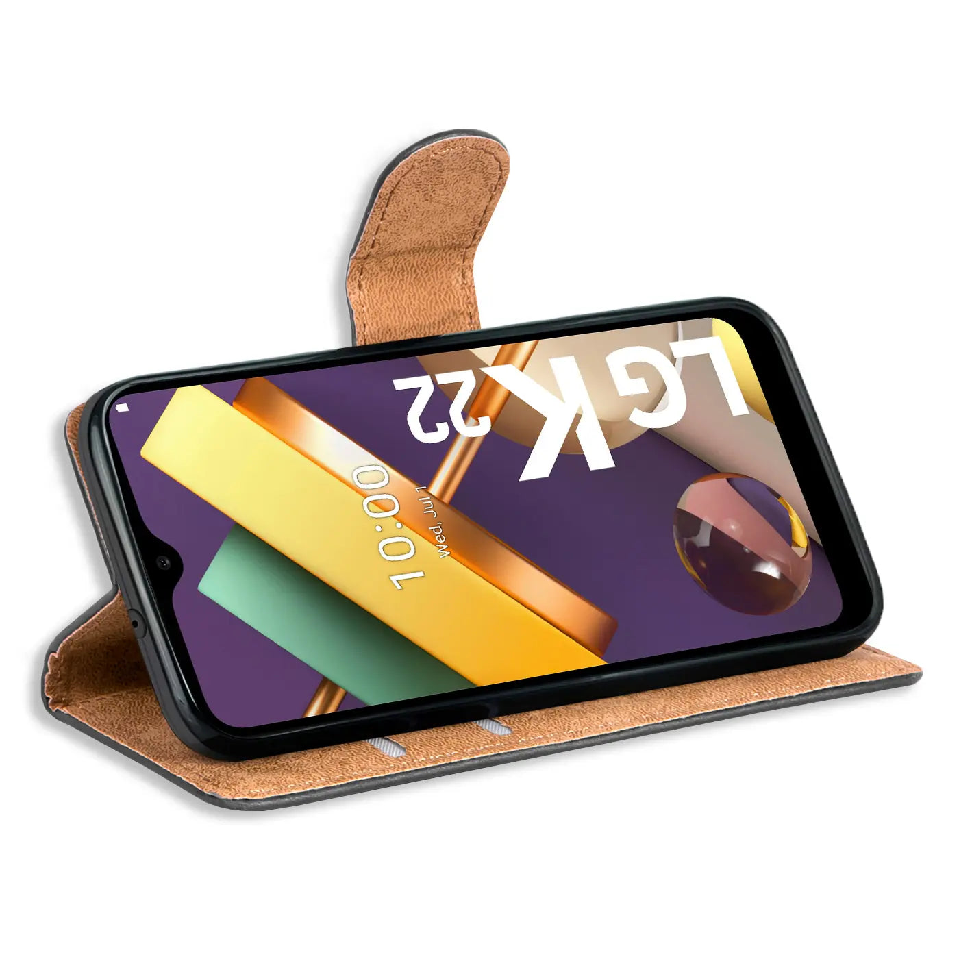 Braune Kunstleder-Klapphülle mit Kartenfächern, zeigt LG K22 von vorne, leicht schräg.