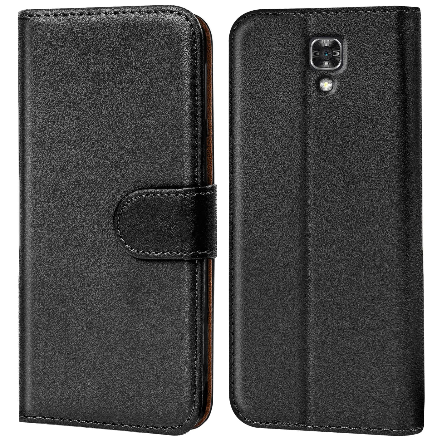 Schwarze Leder-Klapphülle mit Kartenfächern, Vorder- und Rückansicht, für LG X Screen.