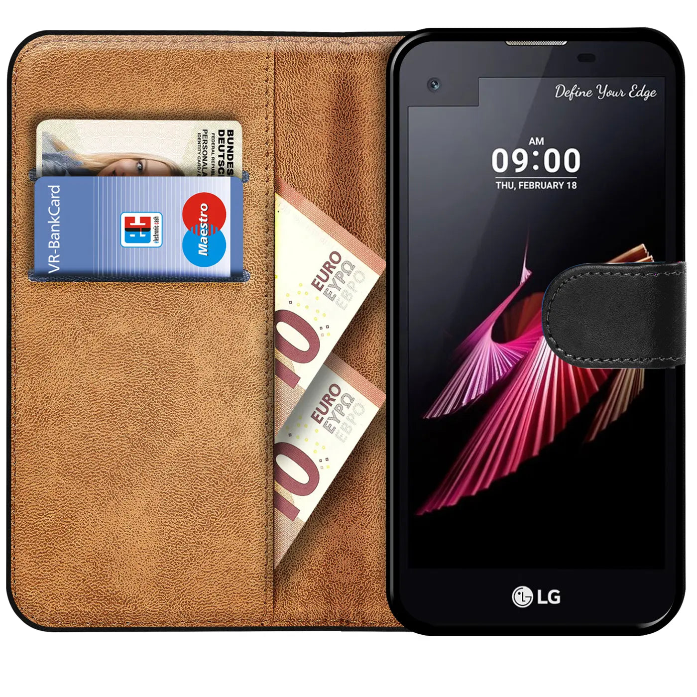 Braune Leder-Klapphülle mit Kartenfächern und Geldscheinen, zeigt LG X Screen.