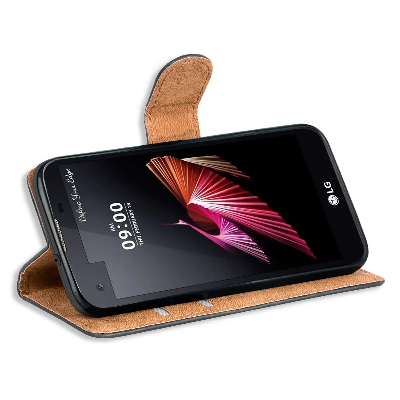 Braune Kunstleder-Klapphülle mit Kartenfächern für LG X Screen, von vorne schräg.