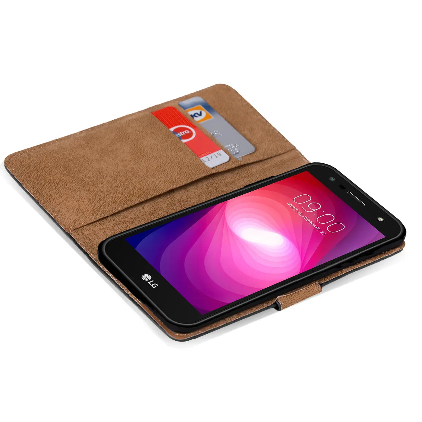 Braune Kunstleder-Klapphülle mit Kartenfächern, LG X Screen Smartphone, von oben schräg