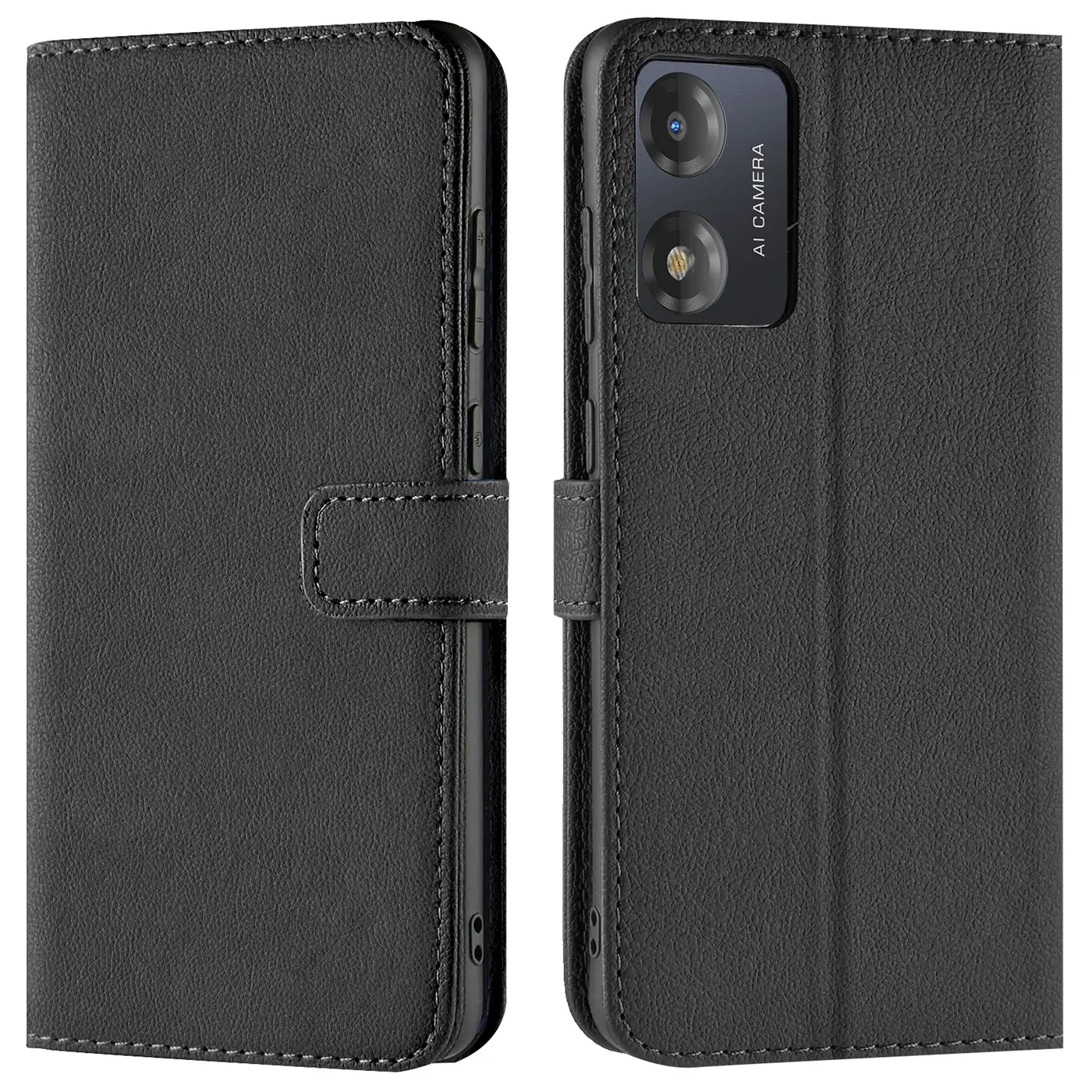 Schwarze Leder-Klapphülle mit Kartenfächern für Motorola Moto E13, Vorder- und Rückansicht.