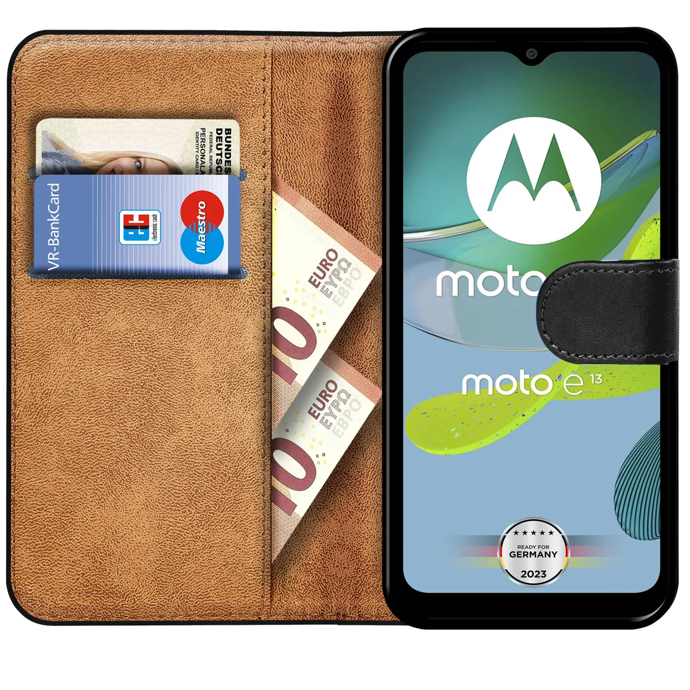 Braune Kunstleder-Klapphülle mit Kartenfächern und Motorola Moto E13, von vorne