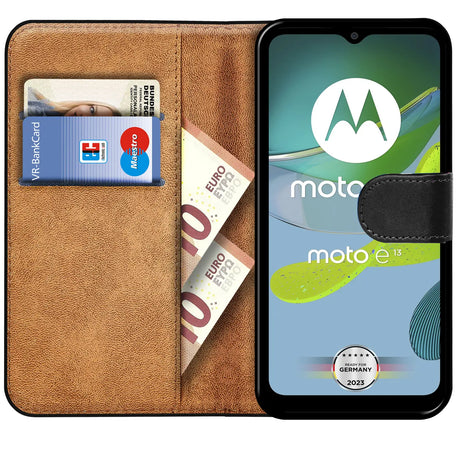 Motorola Moto E13 Klapphülle in Schwarz mit Kartenfächern und Schutz