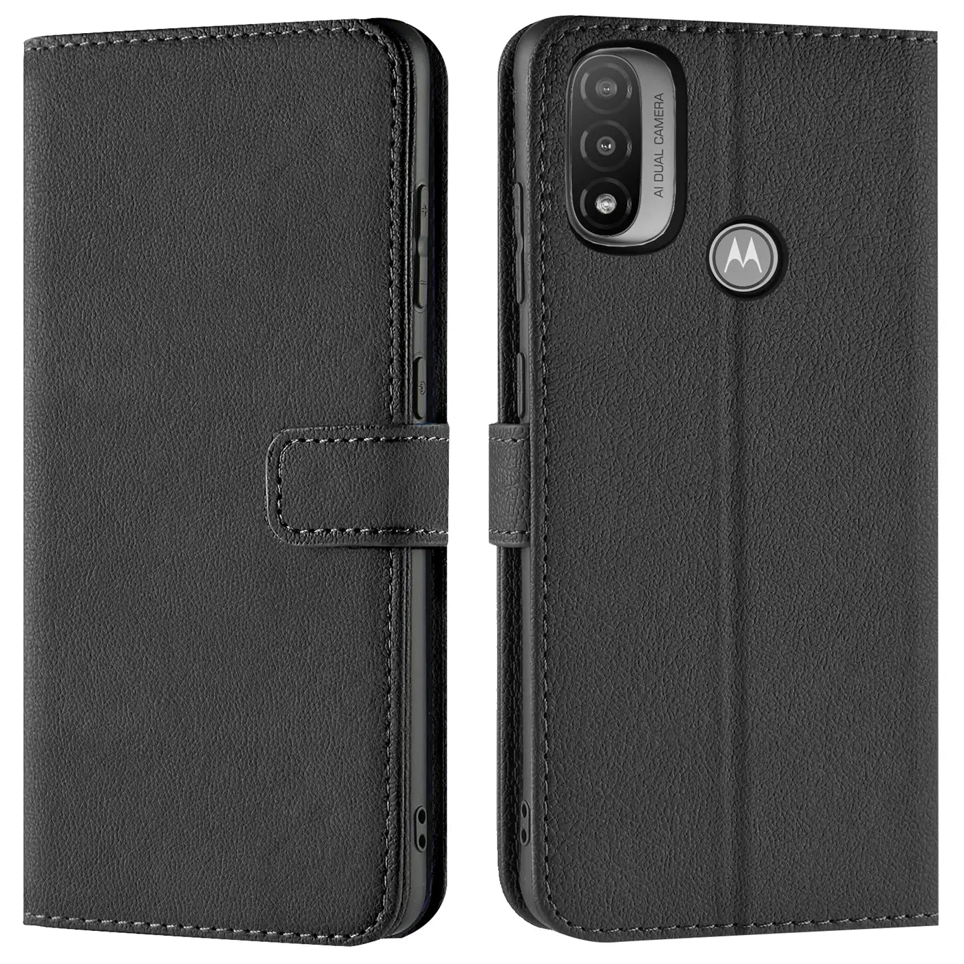 Schwarze Leder-Klapphülle mit Kartenfächern, Vorder- und Rückansicht, Motorola E20/30/40.