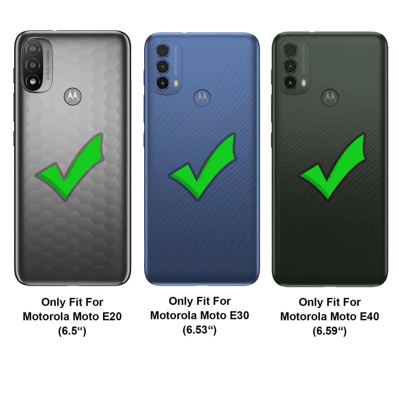 Drei Motorola Handys (E20, E30, E40) in Grau, Blau, Schwarz mit grünen Häkchen.